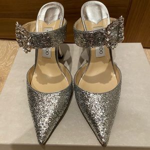 JIMMY CHOO GALACTICA GLITTER FABRIC W/JEWELLED BUCK/ SIZE 38